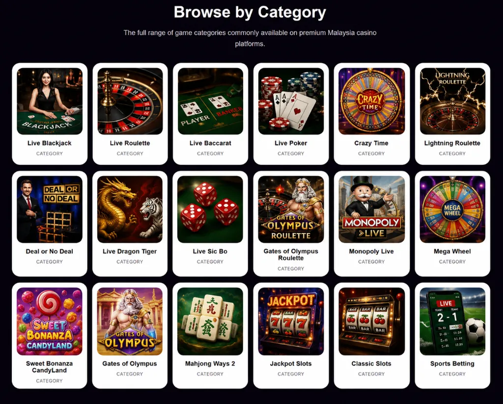 Illustrated gallery of blackjack, roulette, baccarat, poker, slots and other casino game categories